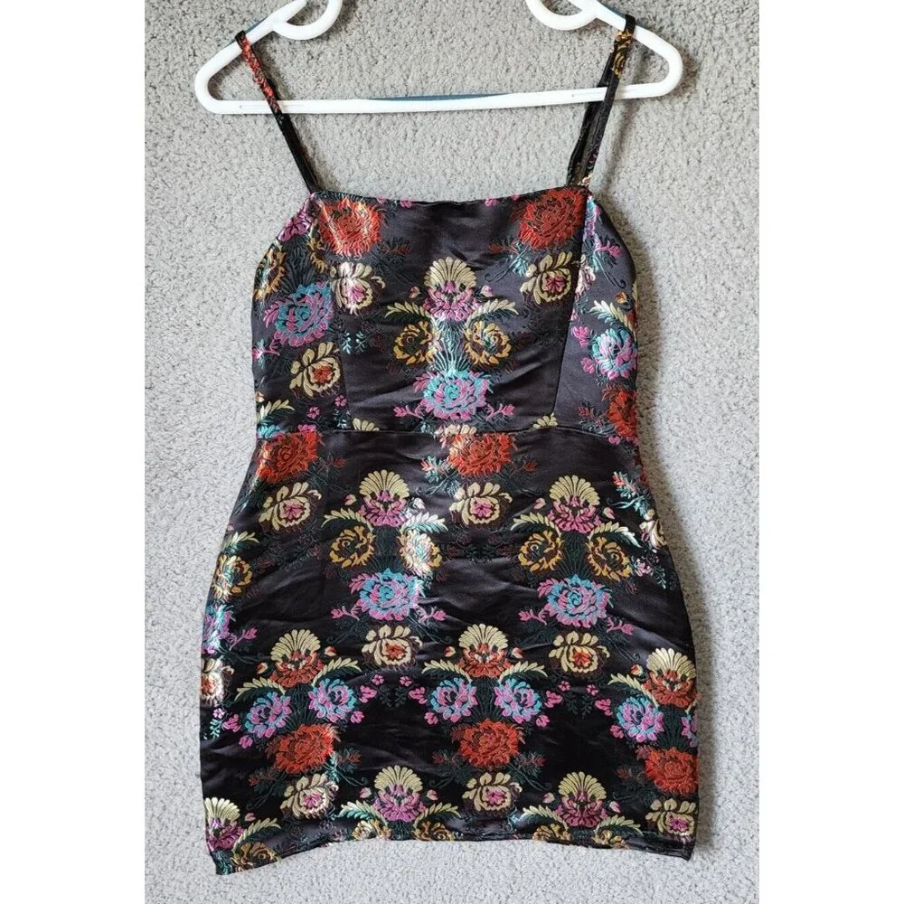 Zara Trafaluc Women's Sleeveless Mini Dress Satin Floral Jacquard Black Size M - Picture 2 of 16